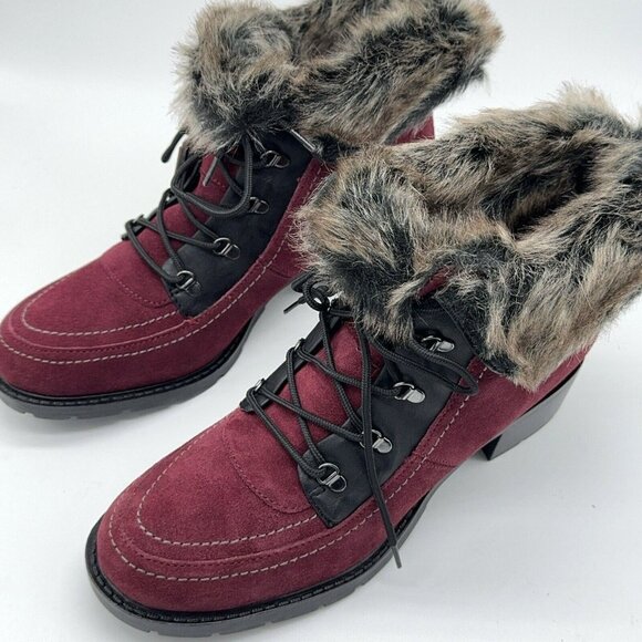 Sporto Holly Suede Boot Bootie Faux Fur Trim Burgundy Lace Up Block Heel 9 wide - Picture 3 of 12